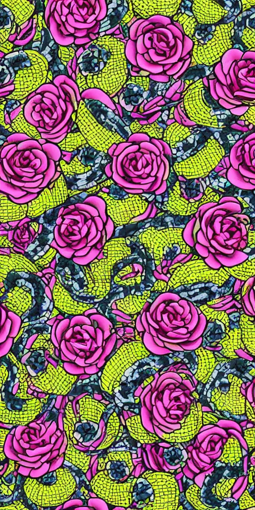 Prompt: seamless pattern of skulls roses and snakes, colourful, symmetrical, repeating 35mm photography