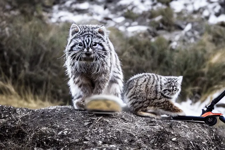 Prompt: wildlife photography of a Pallas cat riding a scooter, by Emmanuel Lubezki