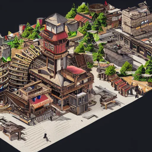 Prompt: swiss chalet inspired steampunk mountain city, axonometric exploded view, high detail, 8k, photorealistic