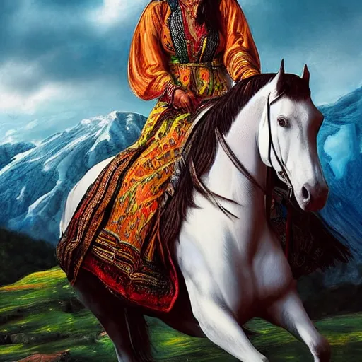 Image similar to full body shot of a beautiful young kurdish woman riding a beautiful white horse in the kurdish mountains art by martin ansin, highly detailed, 8 k, high resolution, award winning art, incredibly intricate, beautiful and symmetrical face