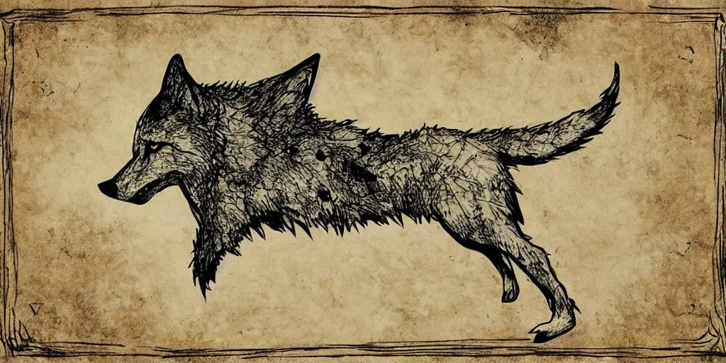 Image similar to face of a wolf. in the style of a Map-style Skyrim Lord of the rings map zelda breath of the wild map, video game style drawing on parchment