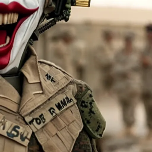 Image similar to cinematic shot of the joker as a us marine in afghanistan, 8 k, very detailed, very intricate,