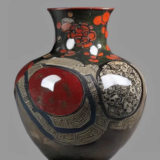 Image similar to vase work, Ancient vase art of James P. Sullivani in art style of chinese art, fragmented clay firing chinese vase with an James P. Sullivan in the style of ancient chinese art, ancient chinese art!!!!! chinese art