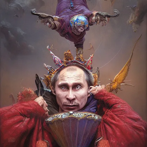 Image similar to vladimir putin, is a jester, circus performance, fantasy 3 d render, masterpiece, by donato giancola and greg rutkowski and wayne barlow and zdzisław beksinski, realistic face