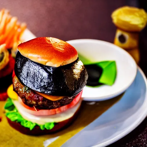 Image similar to a burger made out of sushi, food photography, michelin star