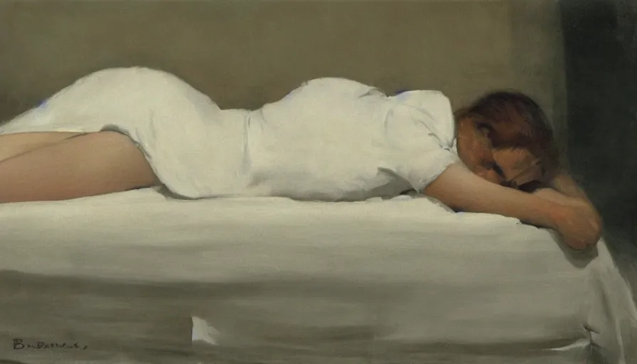 Image similar to painting by borremans, young woman in bed, detailed, stunning