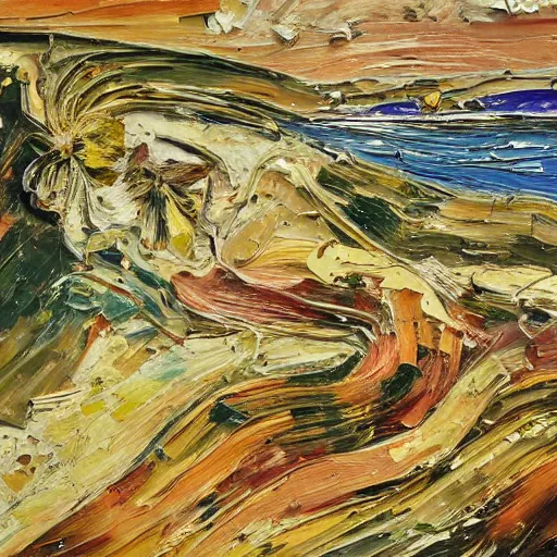 Prompt: oil paint impasto relief, beautiful italian beach scene, multi layered thick brush marks, some splattered paint, in the style of lucian freud and frank auerbach