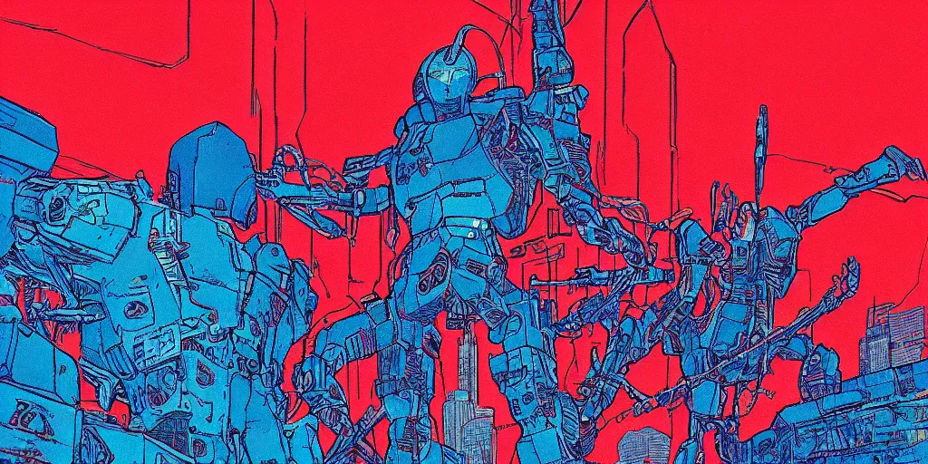 Prompt: a close - up grainy risograph of cyberpunk evangelion like giant mechas, transparent details, red swords, blue hour, by moebius and lehr paul