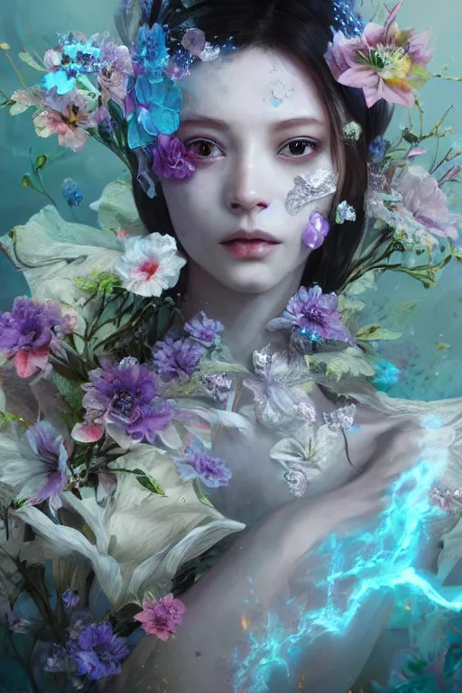 Prompt: face closeup covered with abstract flowers of extremely beautiful girl necromancer, magical fairy flowers and ice velvet, diamonds, angels, 3 d render, hyper - realistic detailed portrait, holding fire and electricity rainbow, ruan jia, wlop. scifi, fantasy, magic the gathering, hyper detailed, octane render, concept art, peter mohrbacher