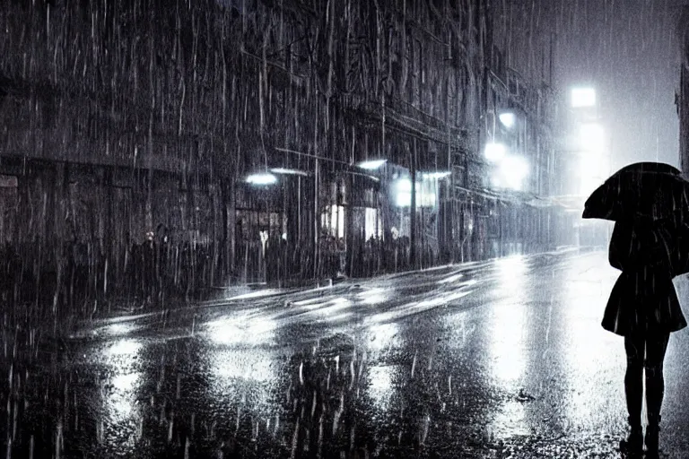 Image similar to vfx woman black super hero photo real, city street night lighting, rain and fog by Emmanuel Lubezki