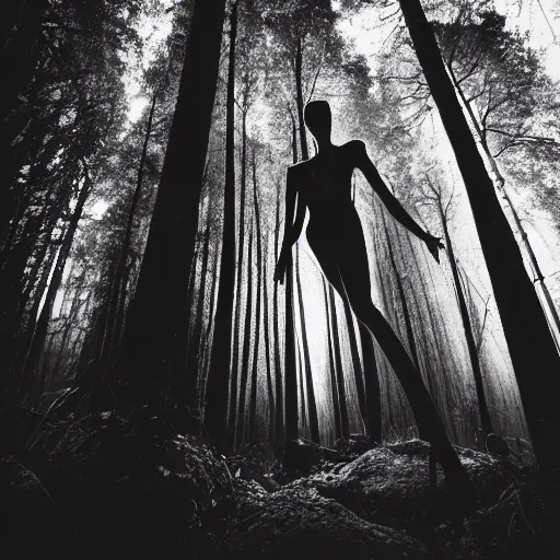 Image similar to tall skinny humanoid creature in a dark forest at night, extremly detailed, black and white polaroid, 8 k, sharp focus