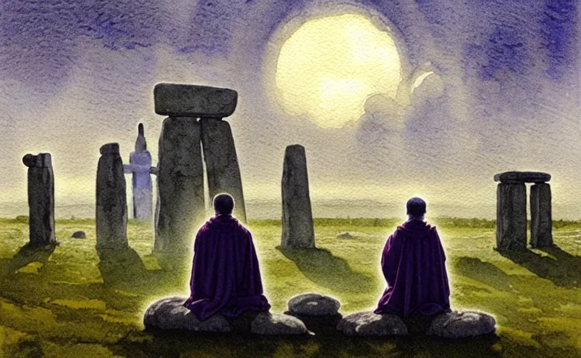 Image similar to a hyperrealist watercolour character concept art portrait of one small grey medieval monk kneeling down in prayer in front of a floating rock above a complete stonehenge monument on a misty night. a ufo is in the sky. by rebecca guay, michael kaluta, charles vess and jean moebius giraud