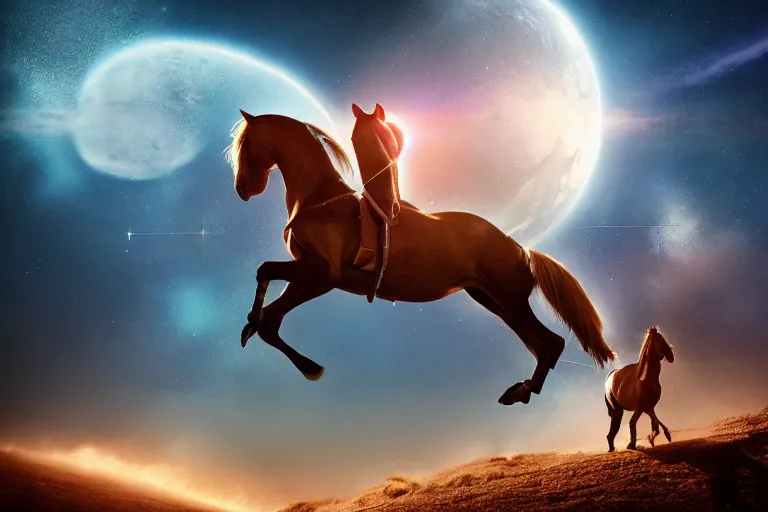 Image similar to a horse on top and an astronaut on bottom, horse is riding on the astronaut, 4 k, ultra details, cinematic, epic style, beautiful photo, hyper realistic, octane render, unreal engine, award winning, on artstation, volumetric lightning, masterpiece, golden hour,