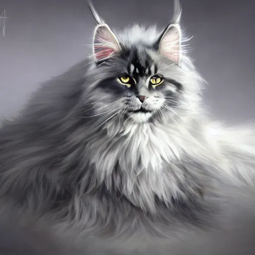 Image similar to a big old menacing dark grey maine coon cat with white belly, white paws and white face markings with long fur and fluffy tail, sitting, intricate, elegant, highly detailed, digital painting, artstation, concept art, matte, sharp focus, illustration, art by Artgerm and Greg Rutkowski and Alphonse Mucha