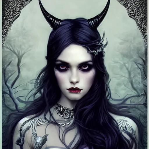 Prompt: beautiful woman with horns, large piercing blue eyes, long wavy black hair, long black dress with silver jewels, black bat wings on back, detailed background, by tom bagshaw