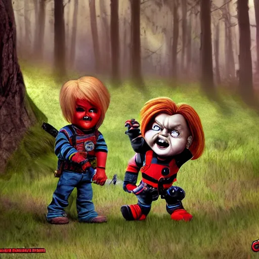 Image similar to chucky the doll and deadpool in the woods together digital art 4 k detailed super realistic