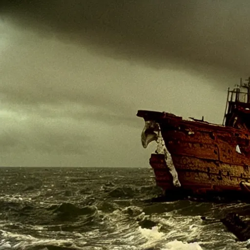 Prompt: shipwreck in thunderstorm, movie still, cinematic Eastman 5384 film