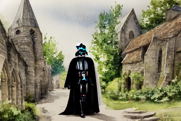 Prompt: a detailed watercolor painting of darth vader leaving a medieval church in a quaint english village, churchyard, trees