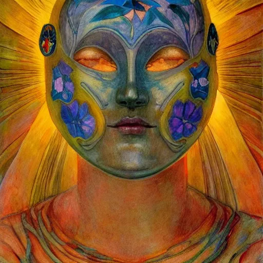 Image similar to the android in her flower mask, by Annie Swynnerton and Diego Rivera, symbolist, dramatic lighting, elaborate geometric ornament, Art Brut ,god rays, soft cool colors,smooth, sharp focus, extremely detailed, Adolf Wölfli