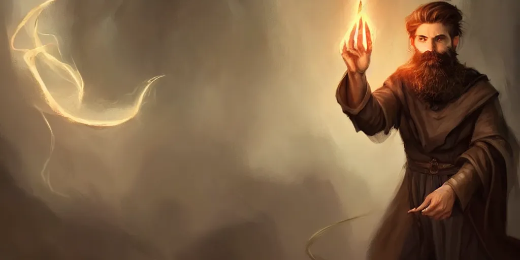 Image similar to a handsome bearded white male sorcerer in his study books every where, he is casting a spells coming from his hands. brown hair, epic composition, hands hidden, waist up, trending on artstation, concept art,