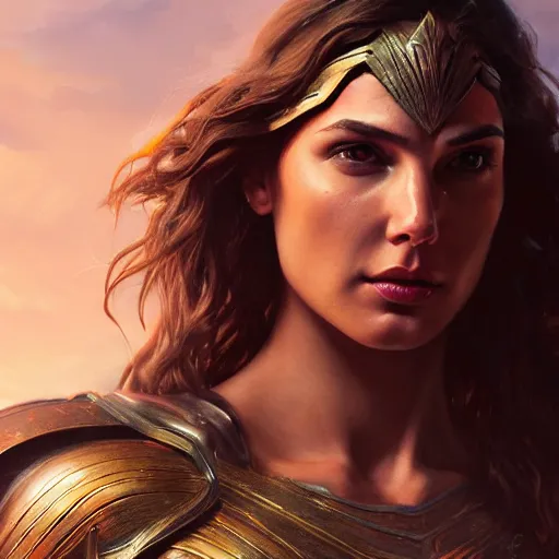 Image similar to painting of gal gadot, bikini armor, ultra realistic, concept art, intricate details, eerie, highly detailed, photorealistic, octane render, 8 k, unreal engine, art by artgerm and greg rutkowski and alphonse mucha