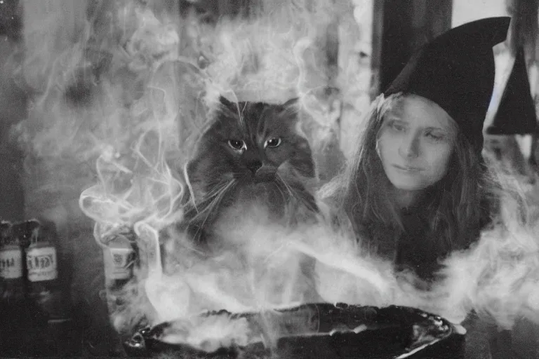 Image similar to polaroid 1 9 8 0's photo, close up portrait, dramatic lighting, concentration, calm confident teen witch and her cat mixing a spell in a cauldron, a little smoke fills the air, a witch hat and cape, a little green smoke is coming out of the cauldron, ingredients on the table, apothecary shelves in the background, still from harry potter