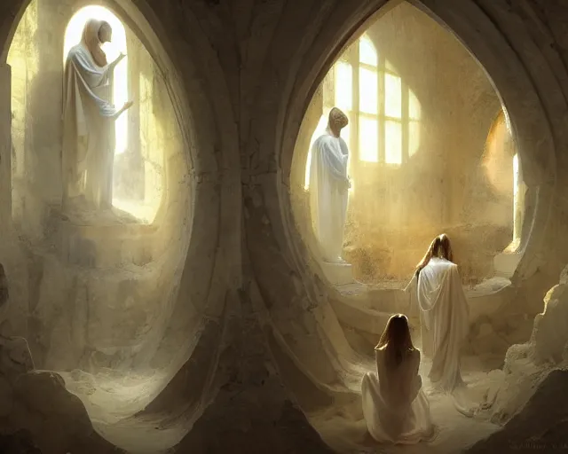 Prompt: inside a tomb, light coming in from the left, 2 angels with wings | 3 women in robes, fibonacci composition, by artgerm, greg rutkowski, craig mullins