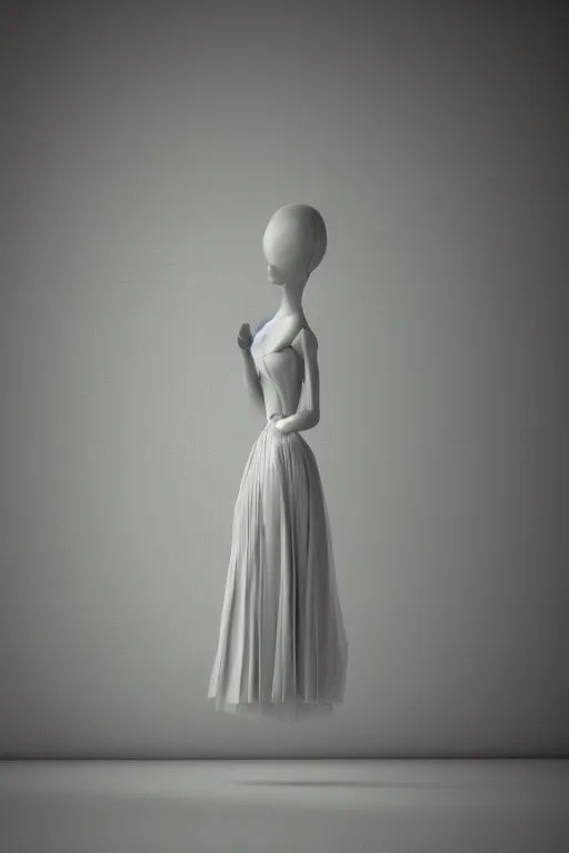 Prompt: Elegant Beautiful dress on an invisible mannequin Inspired by Tim Burton with a blurred atmospheric background by Wes Anderson. Ultra HD, Realistic. Octane Render, V-Ray. Hyper realism. Ultra Detailed. Sharp. 50mm, f/1.8