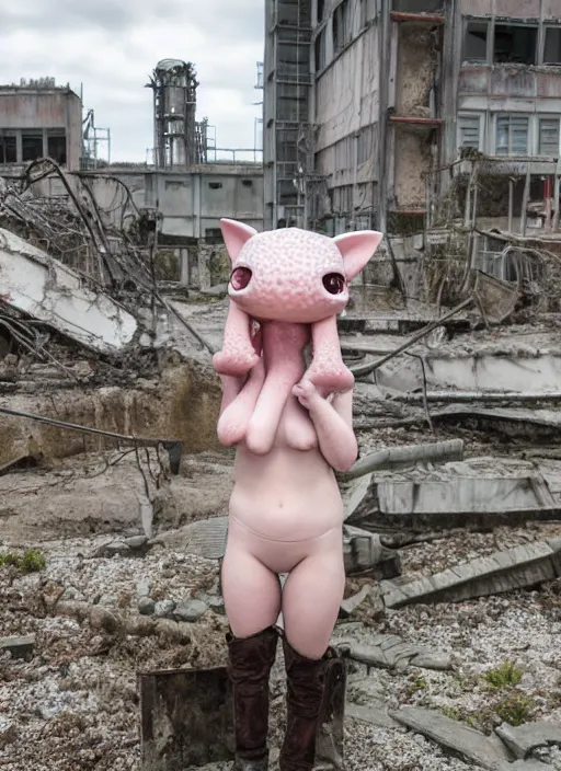 Image similar to humanistic anthropomorphic female axolotl exploring the ruins of chernobyl wasteland, front face