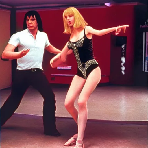 Image similar to uma thurman and john travolta in dance dance revolution, pulp fiction edition, playstation 2 video game