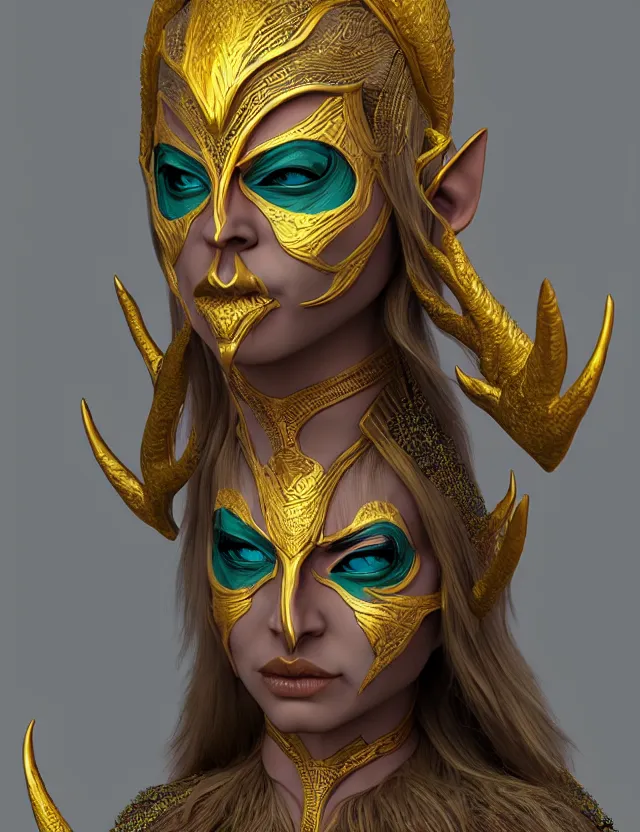 Image similar to elven masked deity. this 3 d render by an indie artist has an interesting color scheme, plenty of details and impeccable lighting.