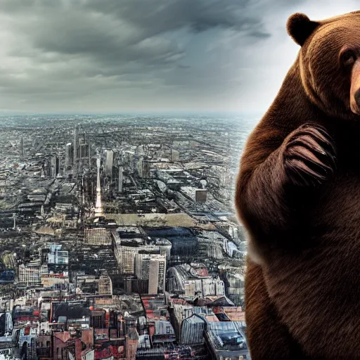 Image similar to a giant bear attacking the city, photomanipulation, photoshop, digital art