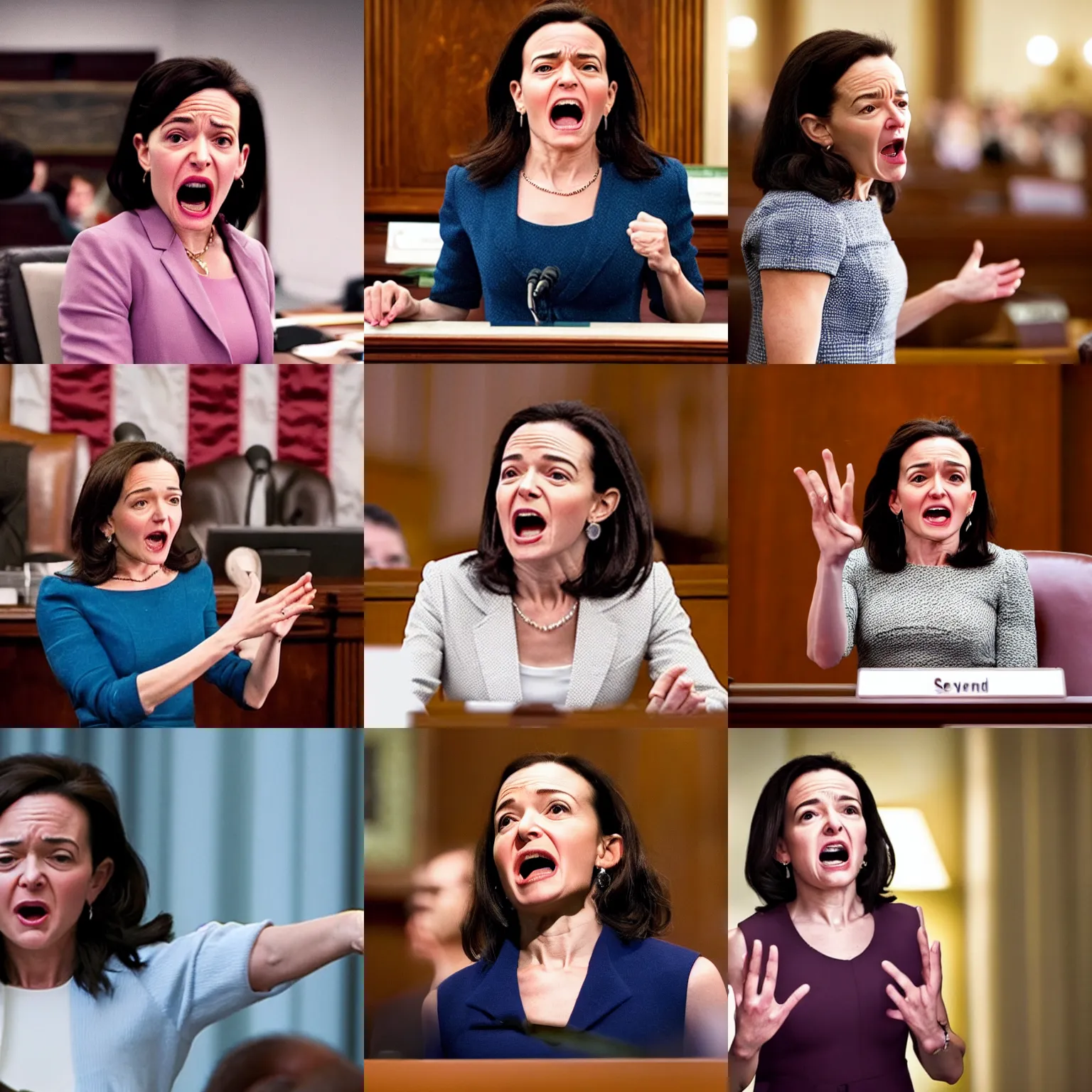 Prompt: Movie still of a furious Sheryl Sandberg screaming at Congress in Facebook The Movie (2017), directed by Steven Spielberg