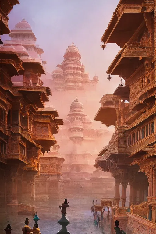 Image similar to old indian city with a breathtaking view of a magnificent maharajah palace at pink dawn, intricate, elegant, volumetric lighting, digital painting, highly detailed, artstation, sharp focus, illustration, concept art, ruan jia, steve mccurry