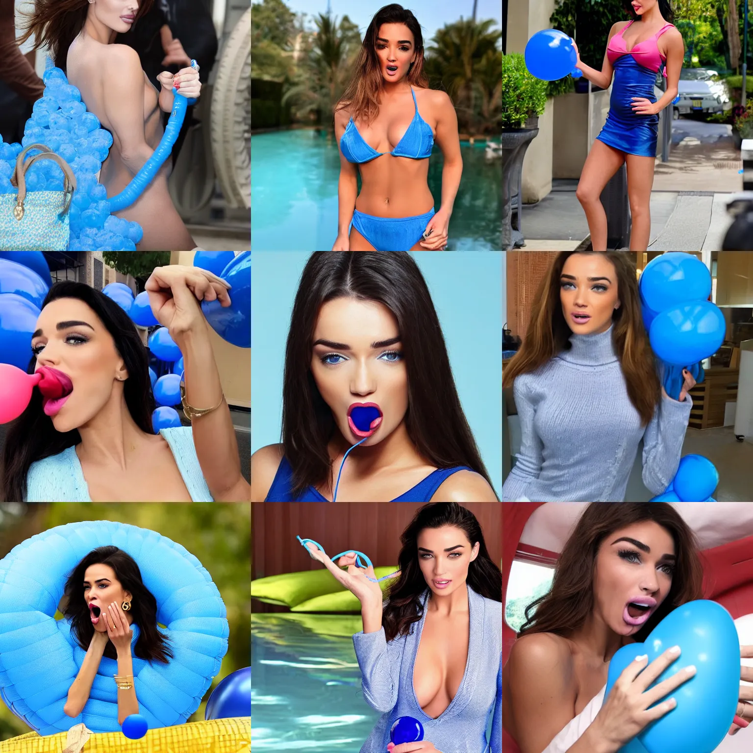 Prompt: Amy Jackson mouth inflating a blue balloon