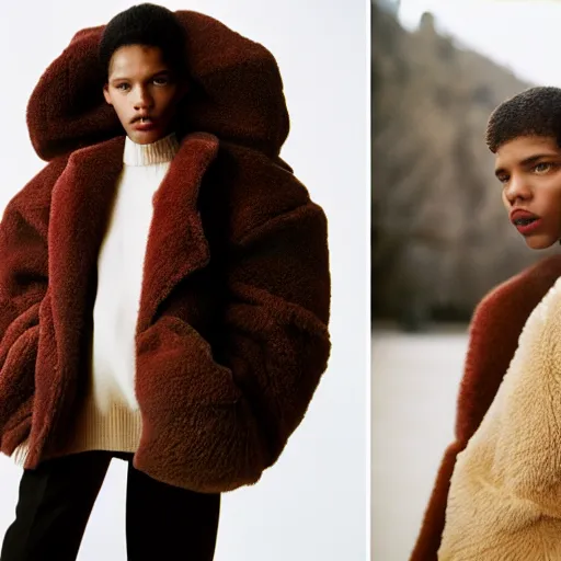 Image similar to realistic photoshooting for a new balenciaga lookbook, color film photography, portrait of a beautiful woman, model wearing a sherpa jacket, by photo in style of Tyler Mitchell, 35mm,