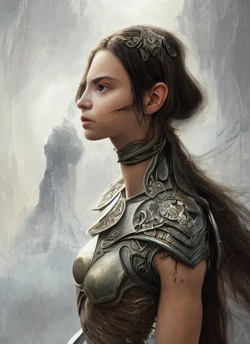 Image similar to photorealistic portrait of a beautiful young female warrior, clothed in ethereal armor, olive skin, long dark hair, beautiful bone structure, symmetrical facial features, intricate, elegant, digital painting, concept art, smooth, sharp focus, finely detailed, illustration, from Valerian and the City of a Thousand Planets, by Ruan Jia and Mandy Jurgens and Artgerm and William-Adolphe Bouguerea