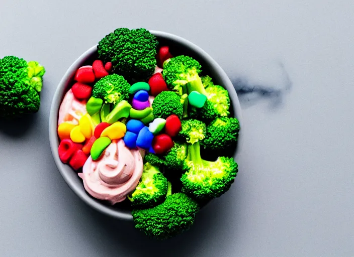 Image similar to food photo still of soft serve swirled frozen yogurt topped with broccoli and rainbow sprinkles, 8 5 mm f 1. 8 studio lighting