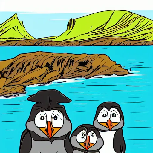 Prompt: a family of puffins traveling through iceland in a van, comic style