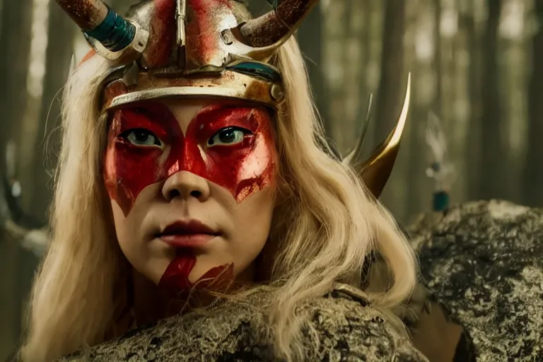 Image similar to vfx movie scene closeup futuristic nomad cyborg warrior viking geisha in a smoldering forest. by emmanuel lubezki