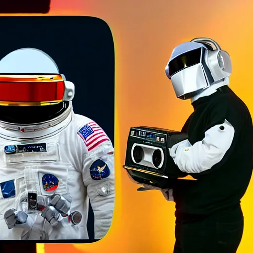 Prompt: astronaut with a ghetto blaster, dance battle with daft punk