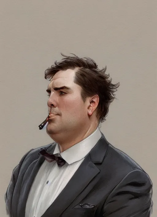 Image similar to portrait of a clean - shaven chubby chubby chubby white man in a suit and tie, office setting, d & d, detailed, digital art, artstation, smooth, sharp focus, art by artgerm, greg rutkowski, alphonse mucha