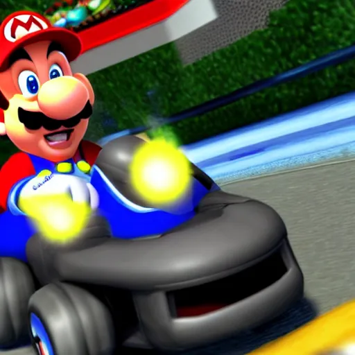 Prompt: Gameplay screenshot of Vin Diesel in Mario Kart, Nintendo, 4k