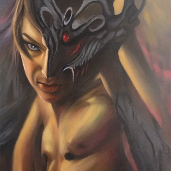 Image similar to female zerg, dark oil painting, realistic behavior