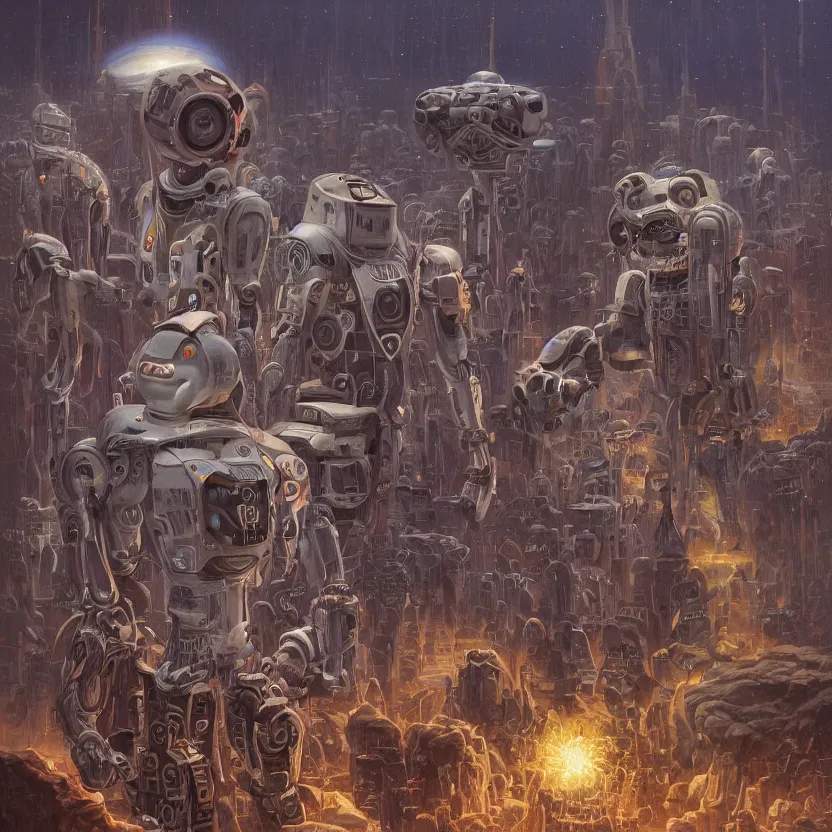 Prompt: bots discussing they are both powerless against and also incapable of even understanding, as they lose themselves in madness, fall into denial, peace out of the planet before shit hits the fan, dabble in escapism and watch as the world collapses, robotic enhancements, desaturated, portrait, Tim Hildebrandt, Wayne Barlowe, Bruce Pennington, donato giancola, larry elmore, oil on canvas, masterpiece, trending on artstation, featured on pixiv, cinematic composition, dramatic pose, beautiful lighting, sharp, details, hyper-detailed, HD, HDR, 4K, 8K