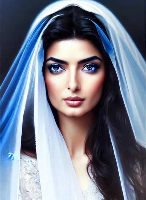 Prompt: beautiful ameera al taweel, bright blue eyes, long wavy black hair, white veil, in the style of stefan kostic, realistic, sharp focus, 8k high definition, insanely detailed, intricate, elegant, art by stanley lau and artgerm