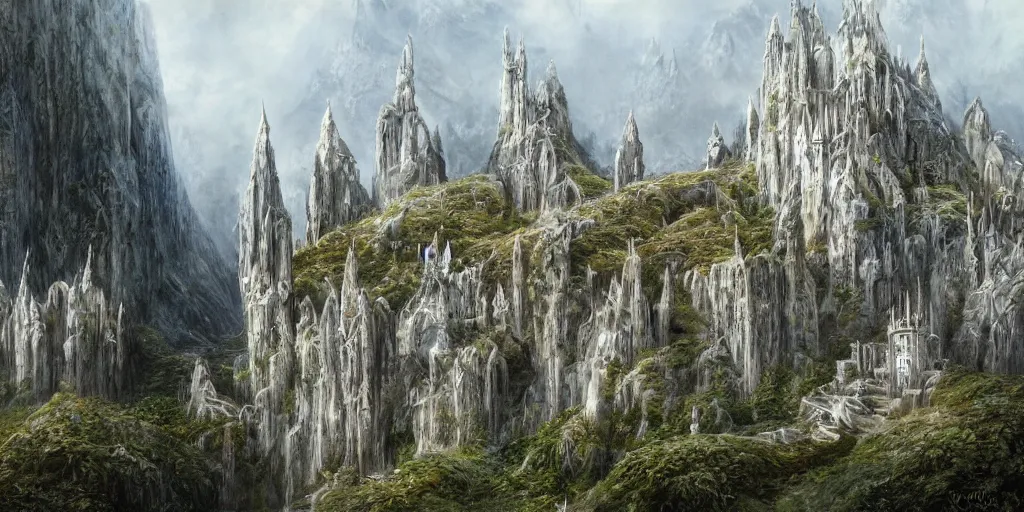 Prompt: an elven city built into the side of a mountain, tall white towers, tall white walls, by alan lee, lord of the rings, smooth, detailed terrain, oil painting, matte painting, concept art, trending on artstation