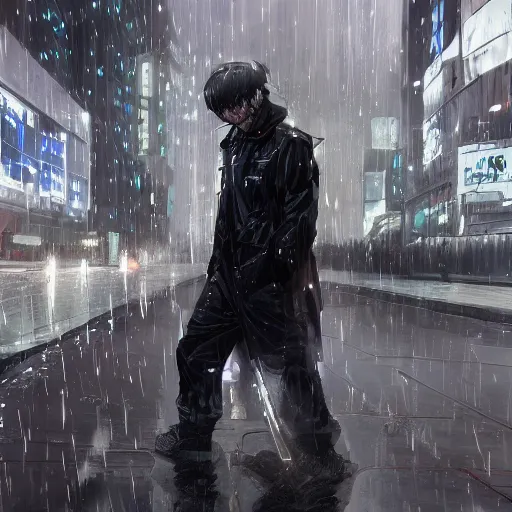 Image similar to killua zoldyck black hair, rain, white hair, techwear, streetwear, cyberpunk style outfit, greg rutkowski, artgerm, ross tran, takato yomamoto, wlop, ilya kuvshinov, intricate complexity, detailed portrait, 4 k, cinematic lighting, artstation, sharp focus, smooth, makoto shinkai