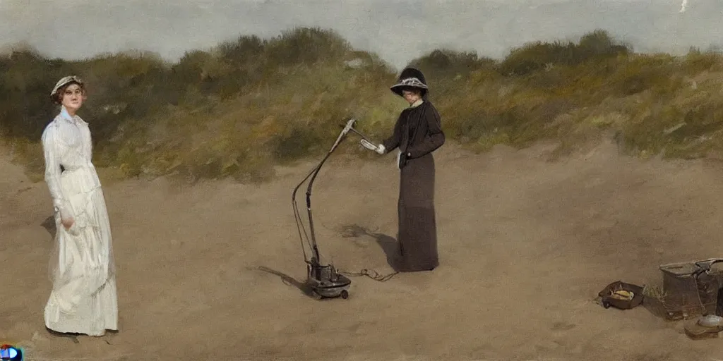 Prompt: A young Edwardian woman wearing a white dress, uses a metal detector on a beach in Sweden, in the style of Anders Zorn