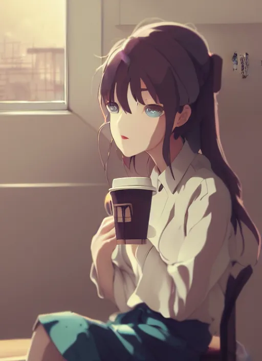 Prompt: girl with a cup of coffee in the office, illustration concept art anime key visual trending pixiv fanbox by wlop and greg rutkowski and makoto shinkai and studio ghibli